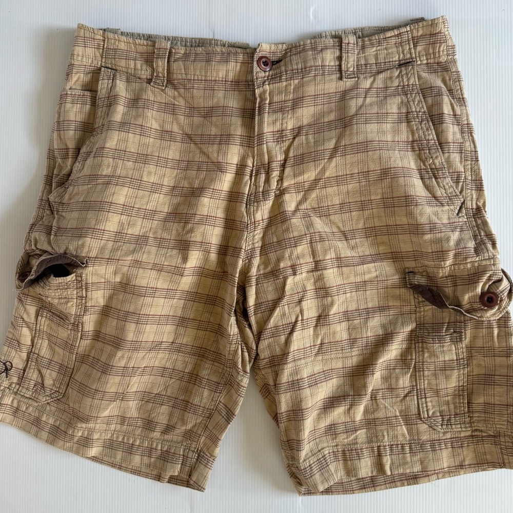VTG Ocean Pacific OP Shorts Mens 38 Brown Plaid Cargo‎ Pockets Cotton Y2K Skate